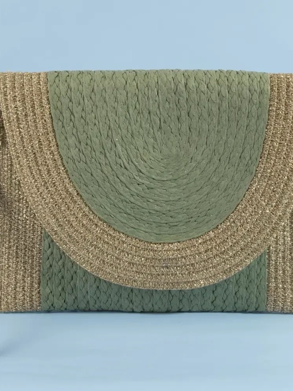 Braided Straw Clutch in Sage Green and Gold with shoulder and wristband straps